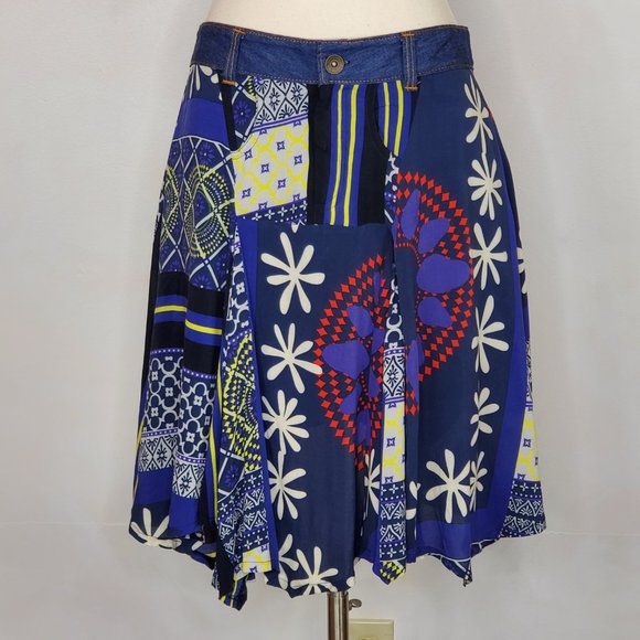 Desigual Dresses & Skirts - DESIGUAL Blue Patchwork Flare Skirt 40/6 EUC